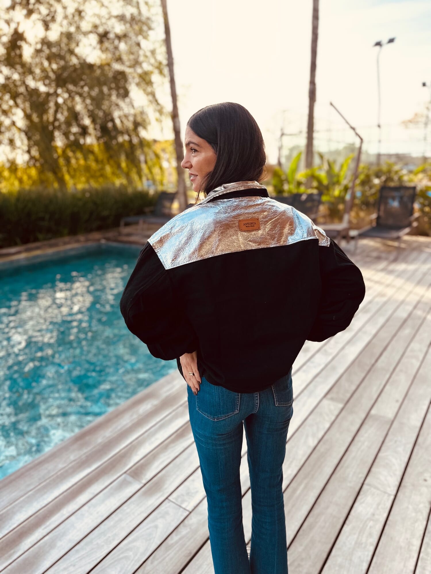 Bomber jacket jean negro y cuero