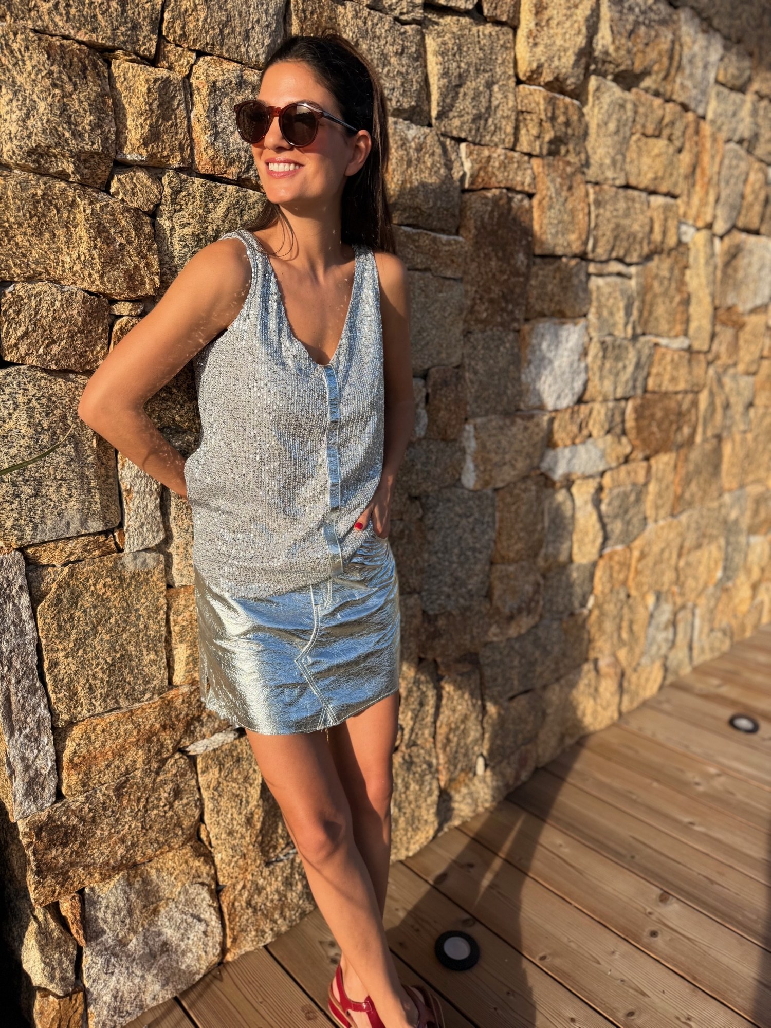 Musculosa lentejuelas y cuero