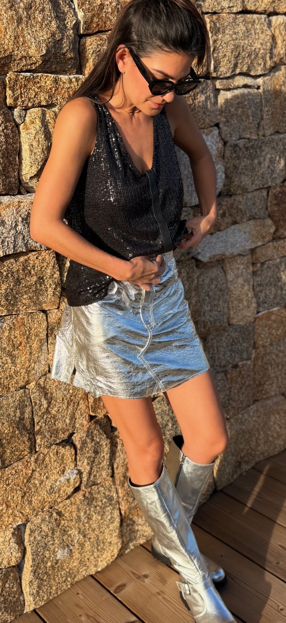 Musculosa lentejuelas y cuero
