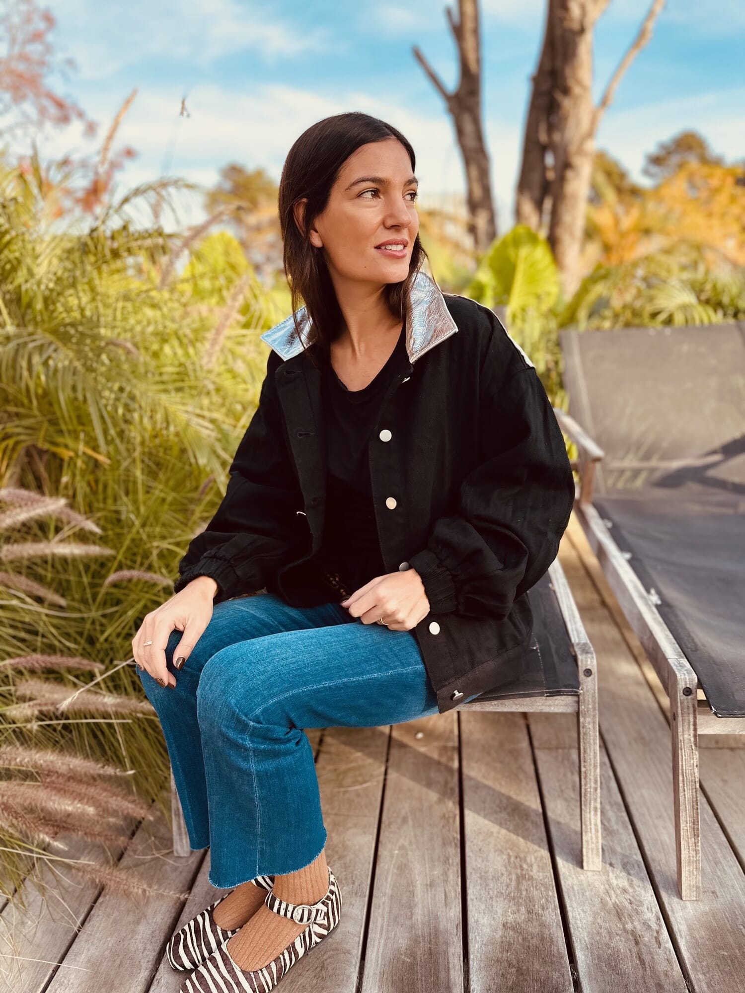 Bomber jacket jean negro y cuero