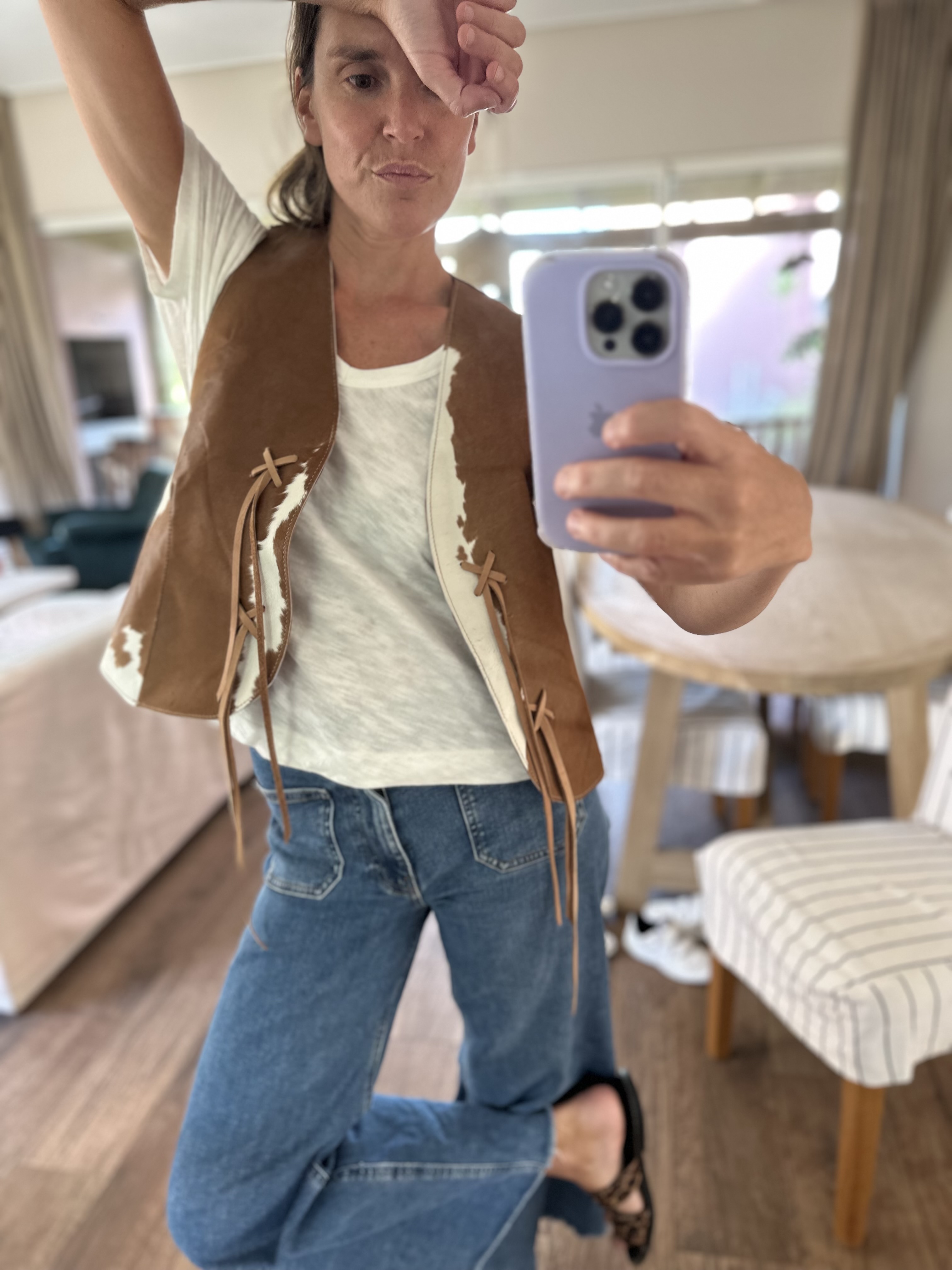 Cow print leather vest