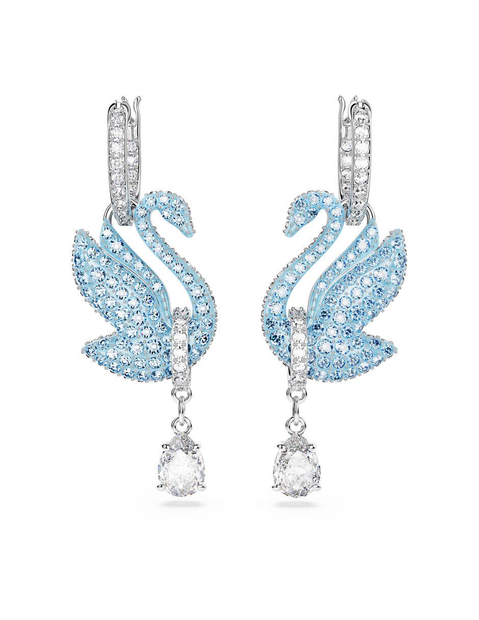 Caravanas Swarovski Iconic Swan, Cisne, Azules, Baño de rodio - Bastión