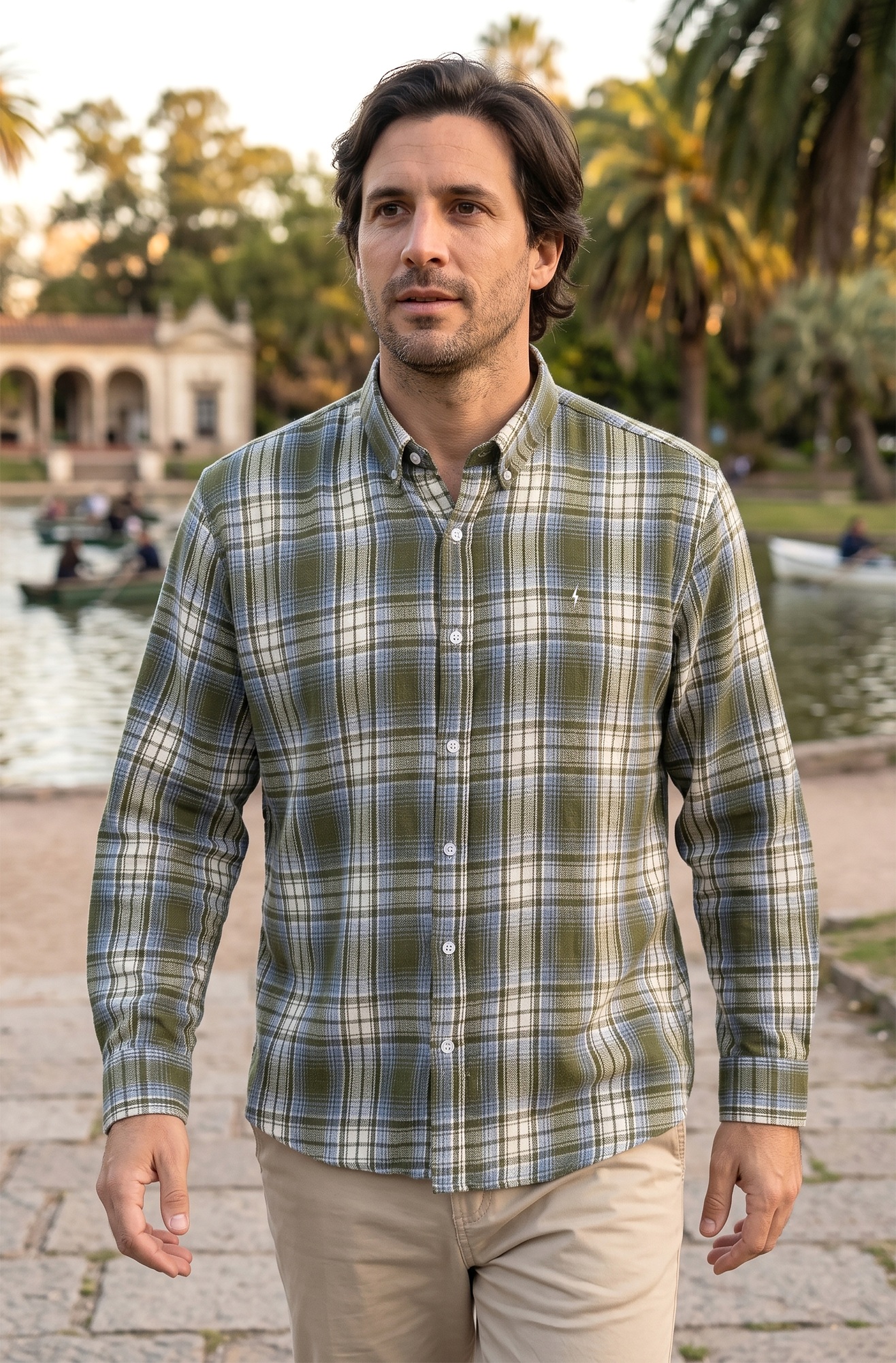 CAMISA* VIYELA 2 BOT OLIVA C/CELESTE  S-XXL