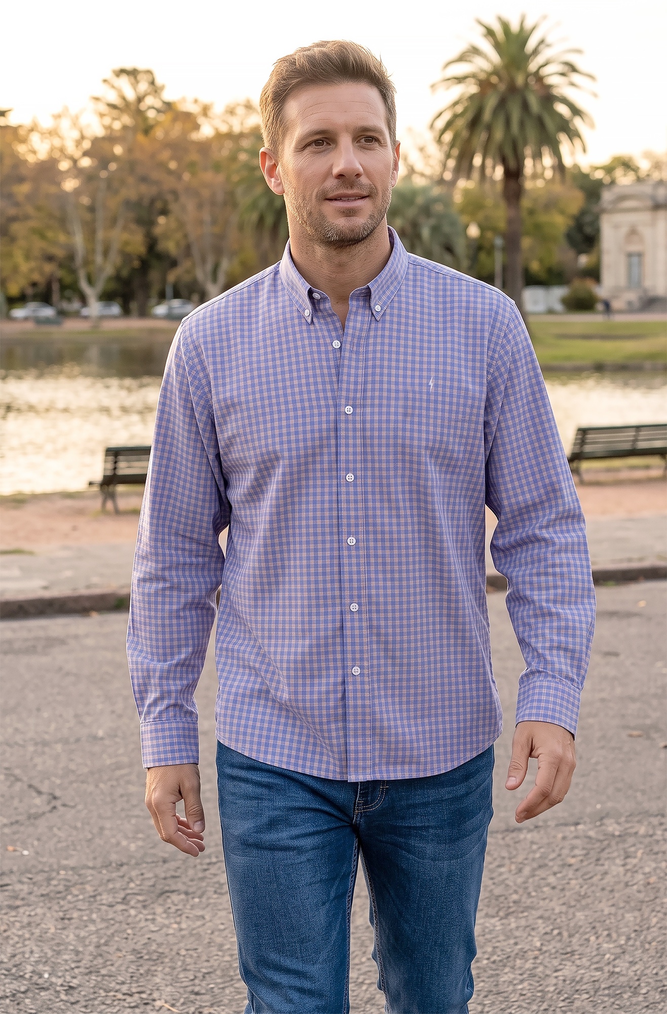 CAMISA* 2 BOT CUADROS  JEANC/NARANJA S-XXL