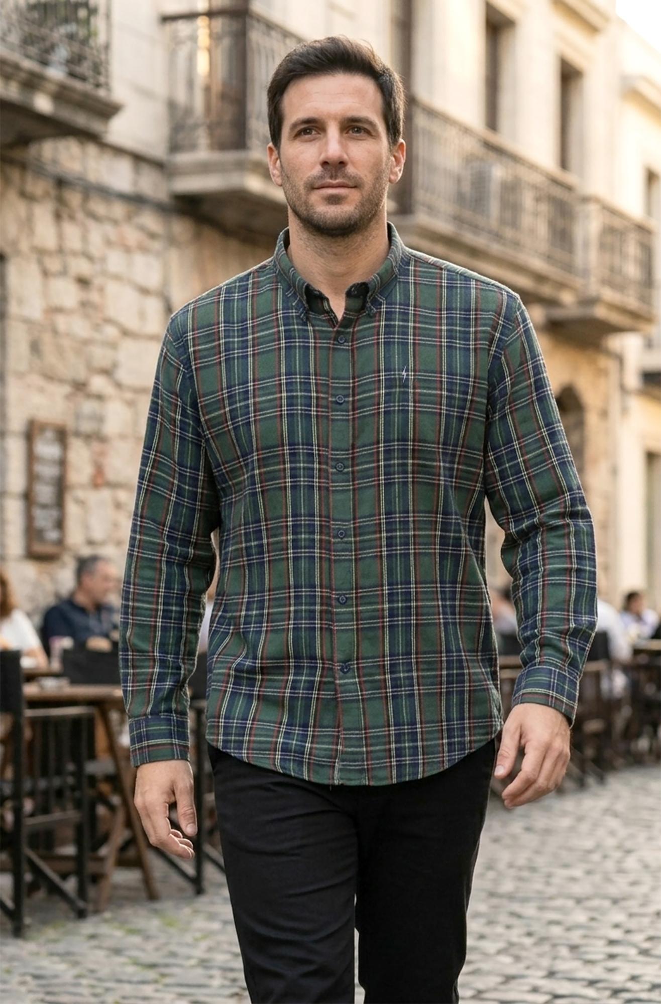 CAMISA* VIYELA CUADROS VERDE C/MARINO S-XXL