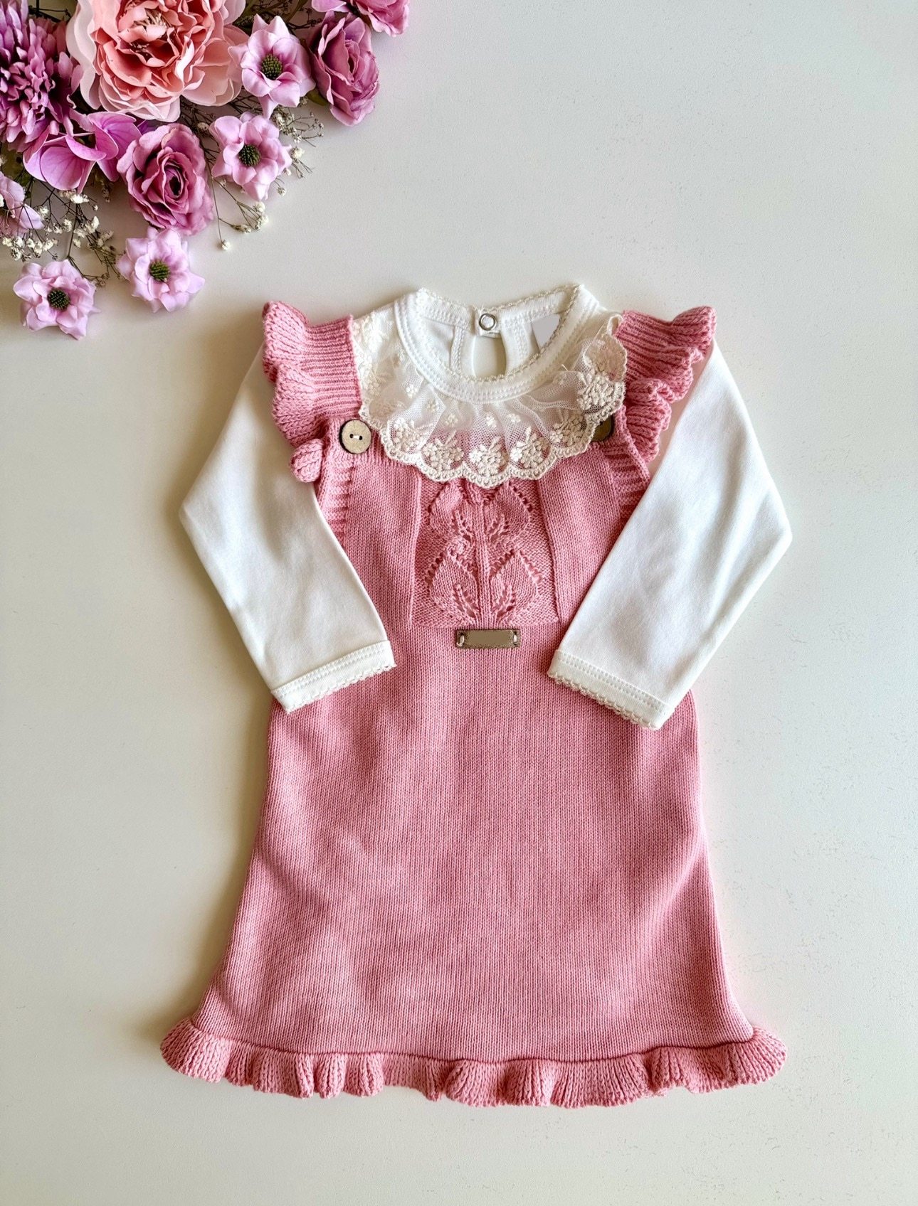 Vestido Premium  Hojas Caladas Rosa