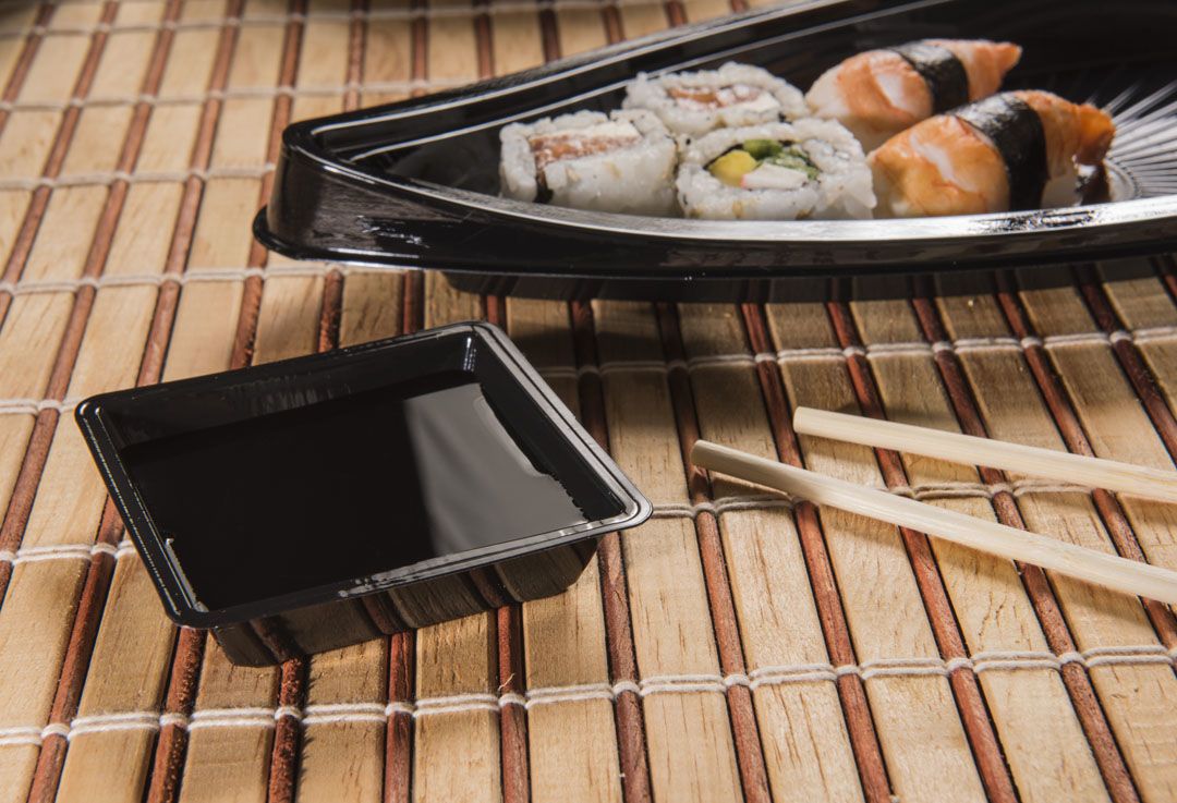 Envase oriental para salsa negro (polipropileno) 6,6 × 6,6 × 1,5 cm (descartable)