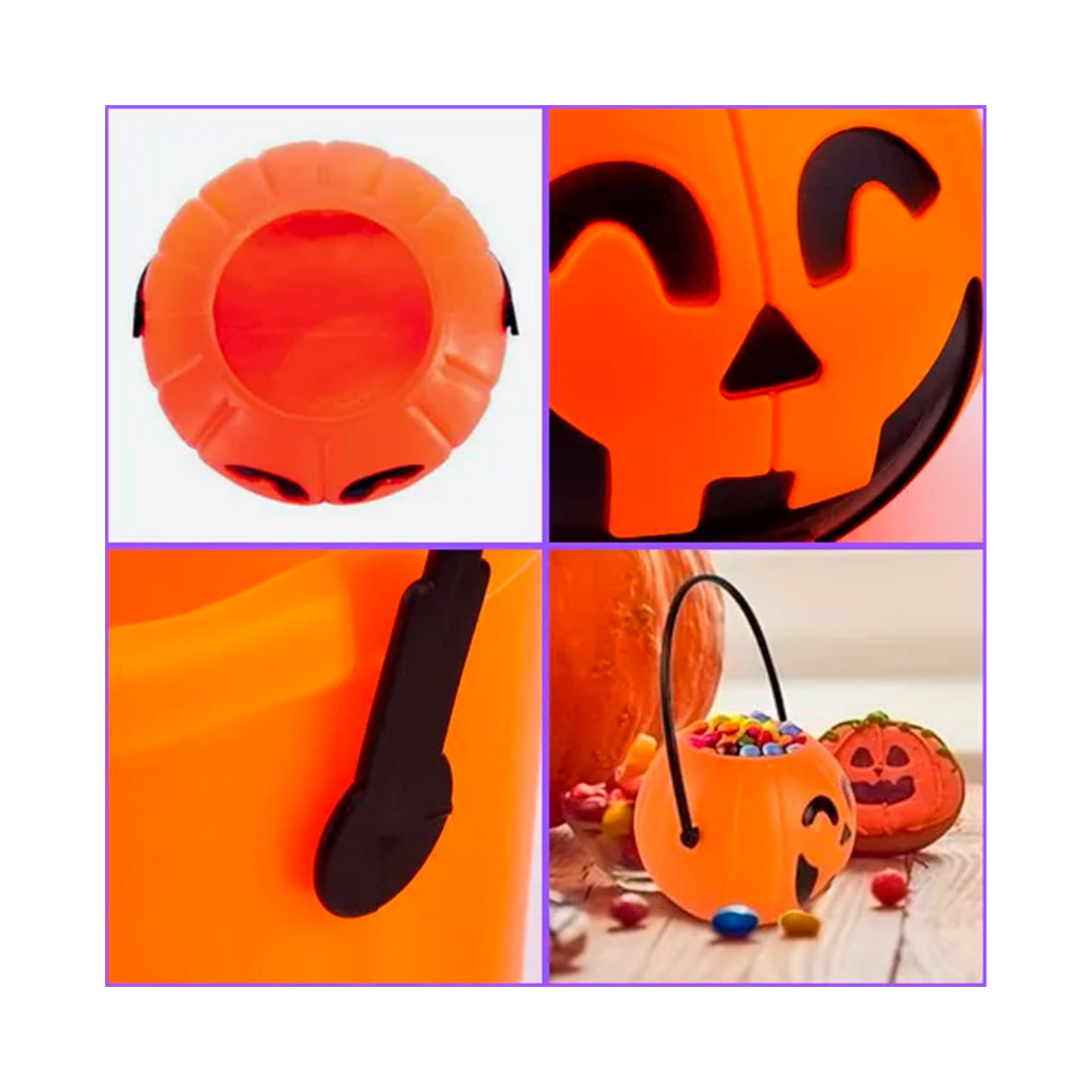 Calabaza plástica con manija 16 cm – Halloween