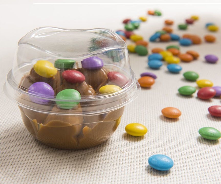 Pote ovalado para postre chico transparente con tapa alta (70 ml)