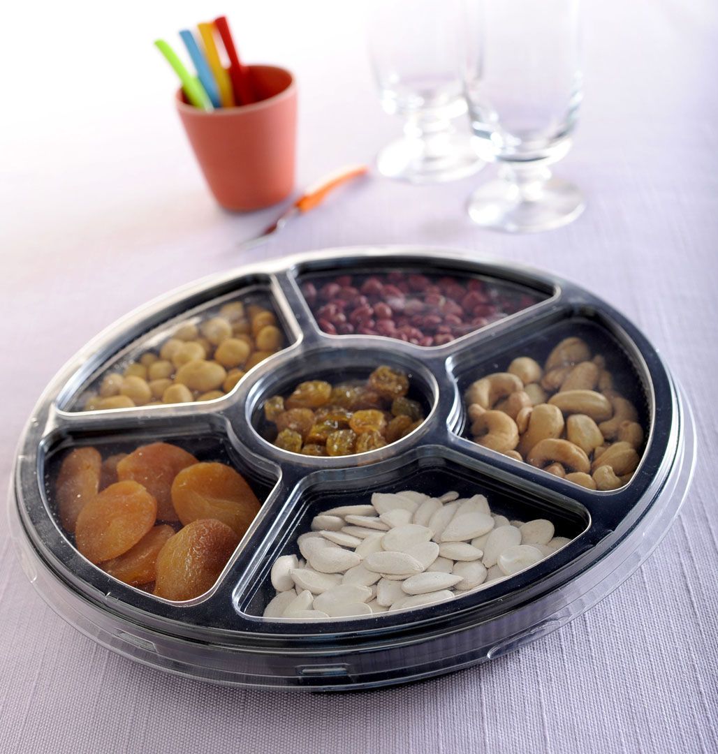 Bandeja redonda transparente con 6 divisiones con tapa