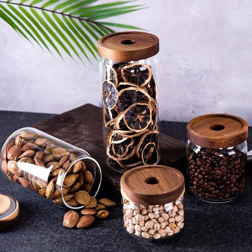 Set de 4 frascos c/tapa de madera acacia