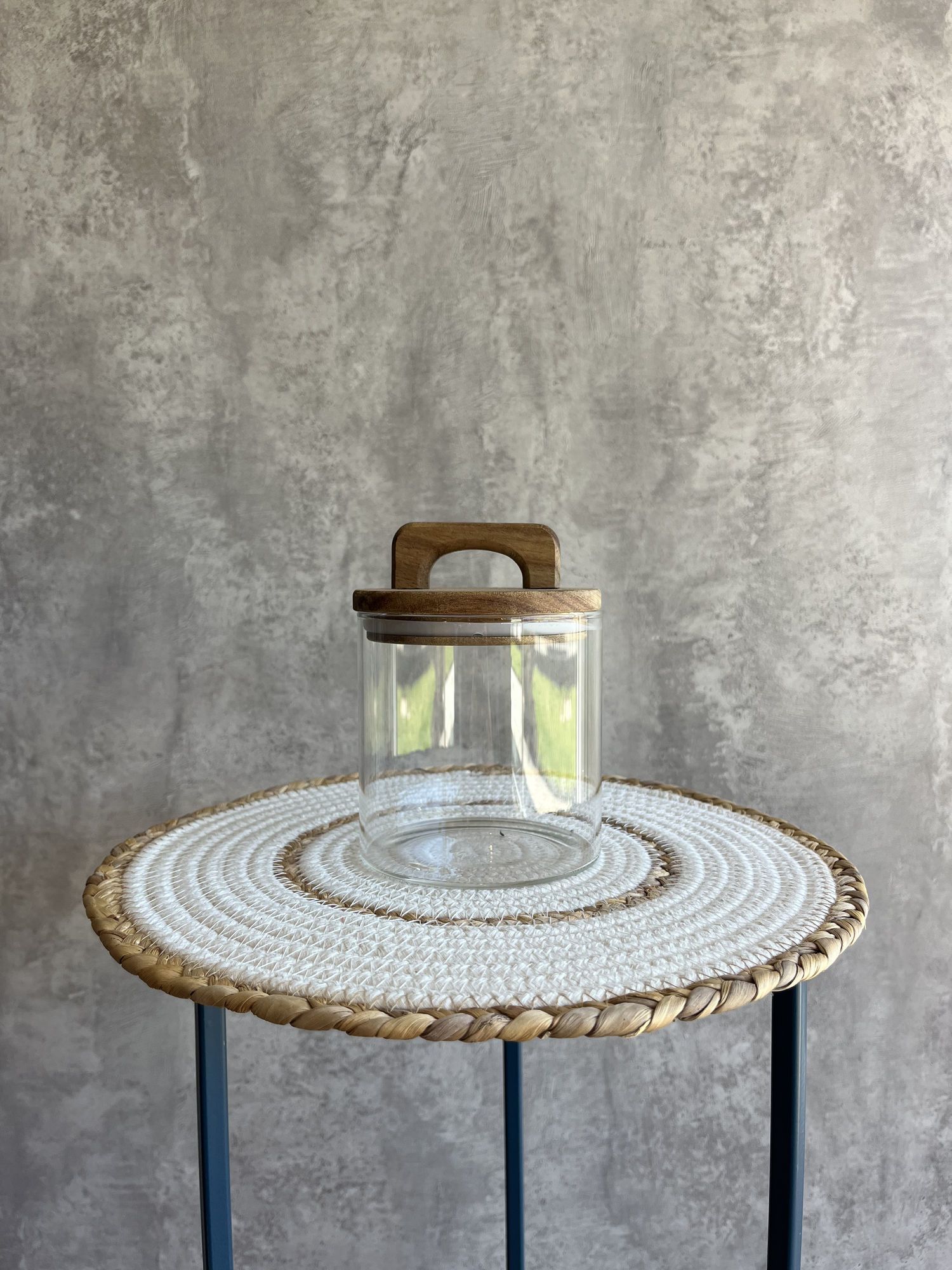 Frasco Vidrio C/Tapa Madera y Asa
