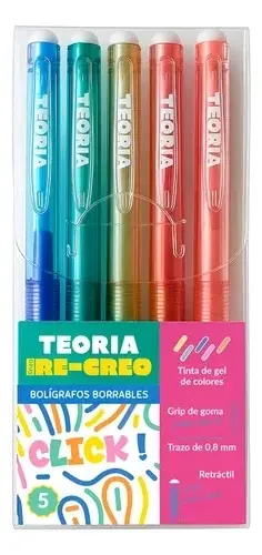 Bolígrafo Borrable Click Retráctil Set x 5 Teoria