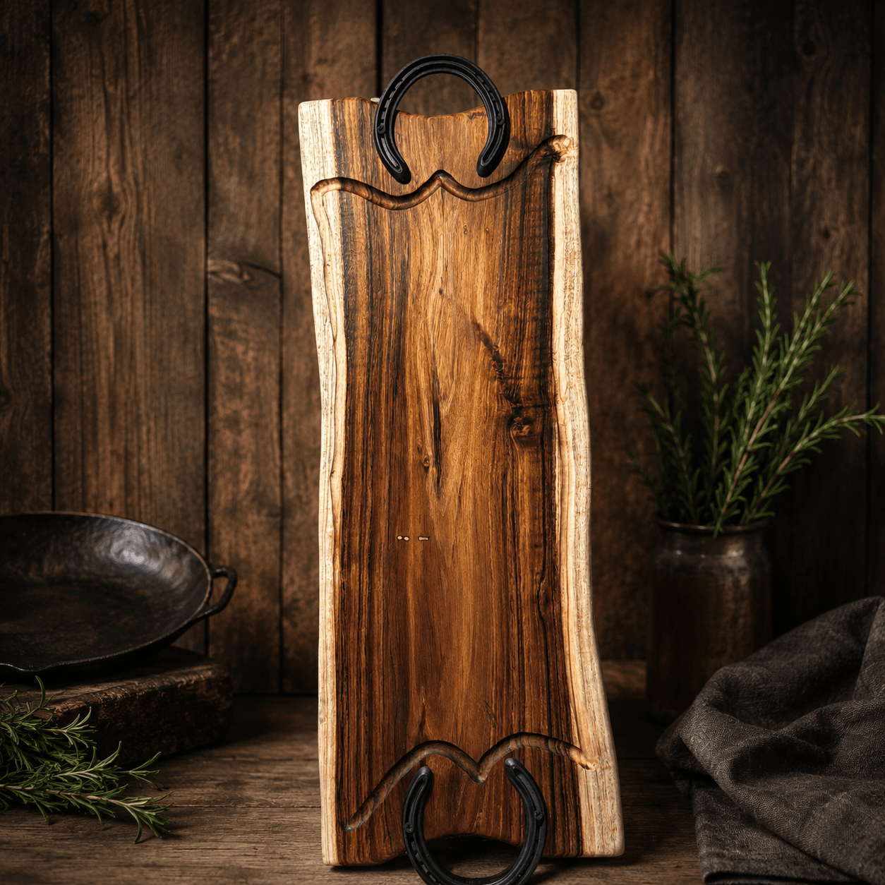 Tabla artesanal de acacia negra con manijas de herradura
