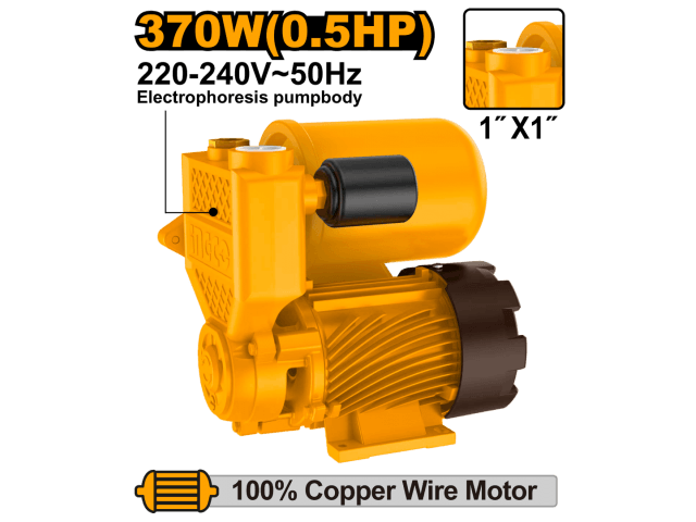 BOMBA PERIFERICA AUTOCEBANTE 0.5HP 370W C/TANQUE 2L PRESION 32M CAUDAL 35L/MIN MOTOR COBRE 220V INGCO VPA37068