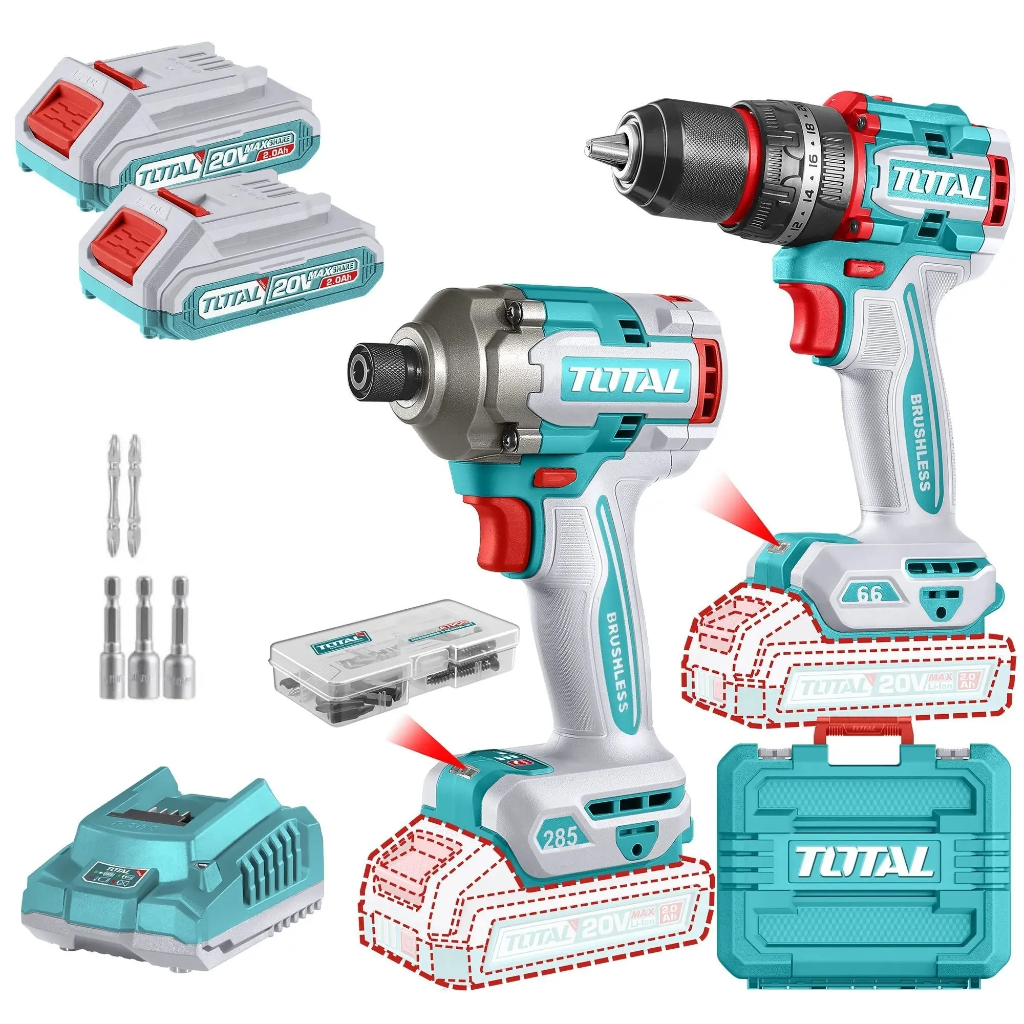 Kit TOTAL Línea 20v Sin Carbones: Atornillador De Impacto 1/4'' + Percutor 66nm, 2 Baterías 2.0Ah