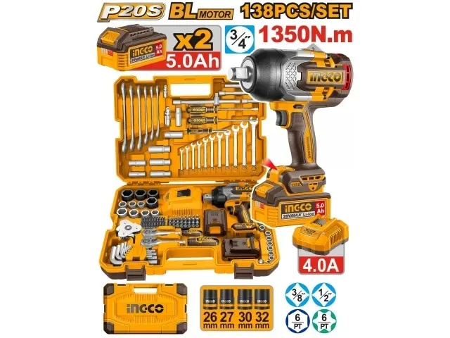 SET 138 HERRAMIENTAS +LLAVE DE IMPACTO 1350NM 20V +2 BAT 5Ah +CARG INGCO