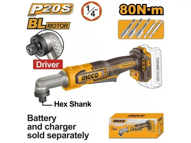 ATORNILLADOR ANGULAR 80NM 20V P20S S/BATERIA S/CARG INGCO