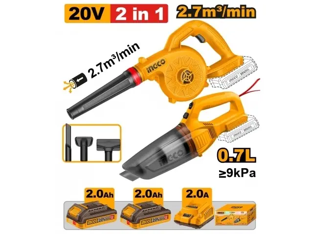 COMBO A BATERIA 20V P20S SOPLADORA 2.7 M3/MIN + ASPIRADORA 0.7L + 2 BATERIAS 2.0AH + CARGADOR + ACCESORIOS