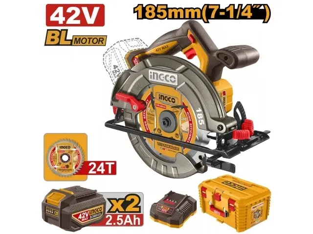 SIERRA CIRCULAR A BATERIA 42V 185MM + 2 BATERIA 2.5AH + CARGADOR + VALIJA INGCO