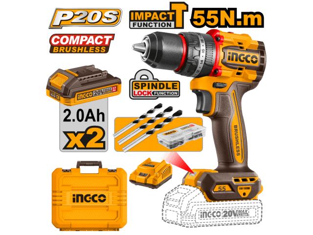 ATORNILLADOR PERCUTOR COMPACT A BATERIA 20V P20S 55NM CON 2X2AH BAT VALIJA Y MECHAS INGCO CIDLI20558