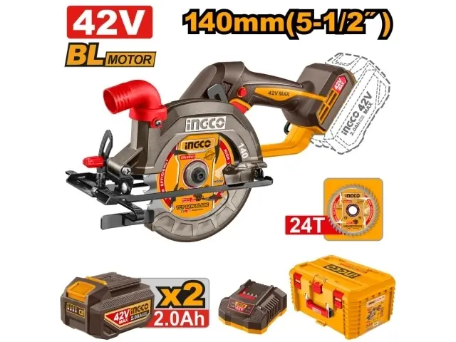 SIERRA CIRCULAR A BATERIA 42V 140MM + 2 BATERIA 2.0AH + CARGADOR + VALIJA INGCO