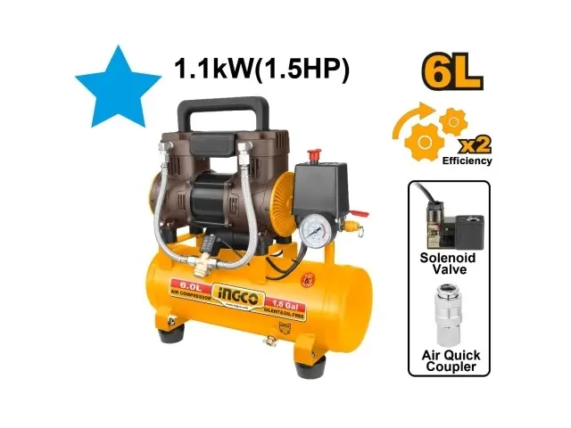 COMPRESOR 6LT 1.5HP LIBRE DE ACEITE BAJO RUIDO INGCO ACS111062