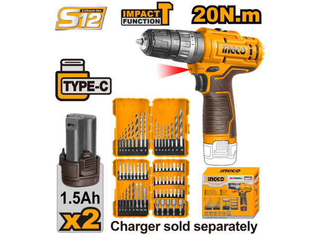 KIT ATORNILLADOR A BATERIA 12V S12 C PERCUTOR 20NM + SET DE MECHAS + PUNTAS + 2 BAT INGCO
