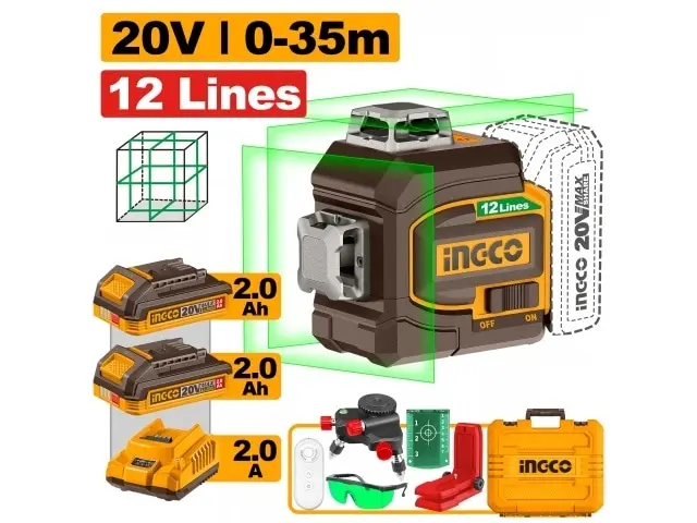 NIVEL LASER AUTONIVELANTE 3D VERDE A BATERIA 20V P20S 35MTS + 2 BATERIAS 2.0Ah + CARGADOR + ACCESORIOS + VALIJA INGCO