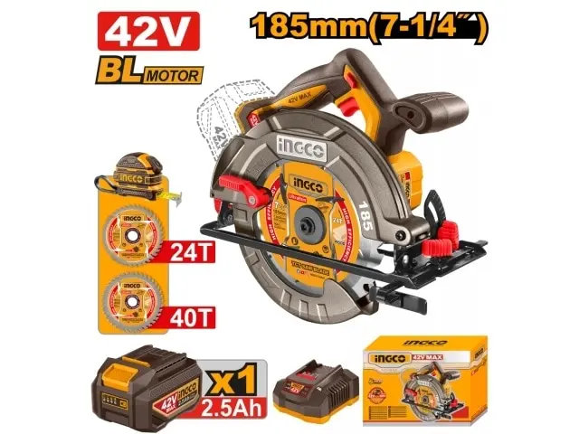 SIERRA CIRCULAR A BATERIA 42V BRUSHLESS 185MM C/ BATERIA 2.5AH + CARGADOR + ACCESORIOS INGCO