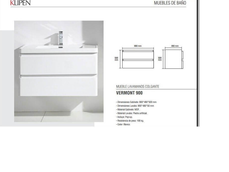 KLIPEN VERMONT G 900 MATT WHITE MUEBLE 90X48X50 C/BACHA Y VALV