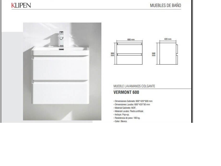 KLIPEN VERMONT G 600 MATT WHITE MUEBLE 60X42 C/BACHA Y VALV