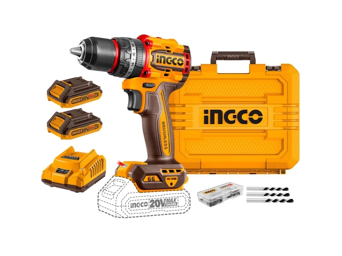 Taladro Atornillador Percutor INGCO 20V Brushless 13 mm con 2 Baterías y 47 Accesorios