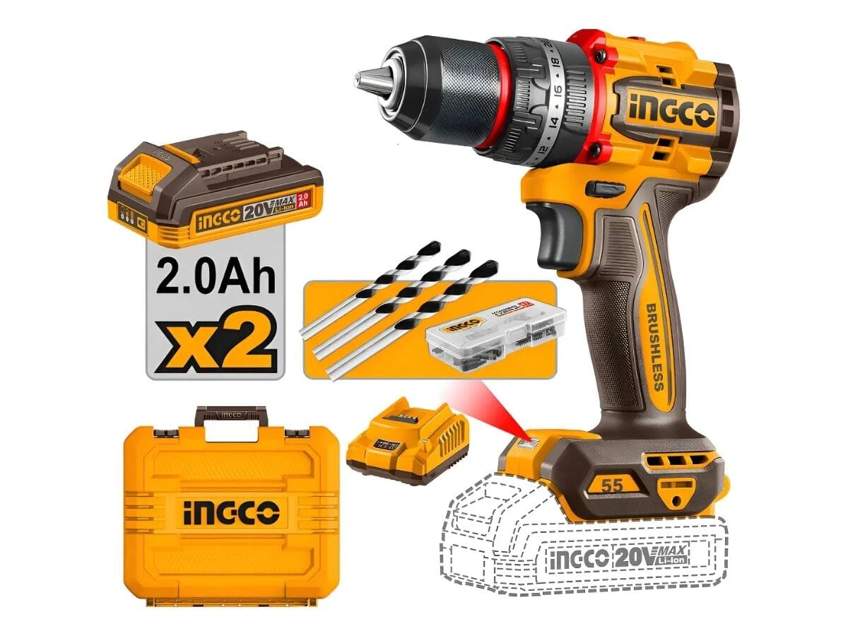 Taladro Atornillador Percutor Compacto INGCO 20V Brushless 55 Nm con 2 Baterías, Valija y Accesorio