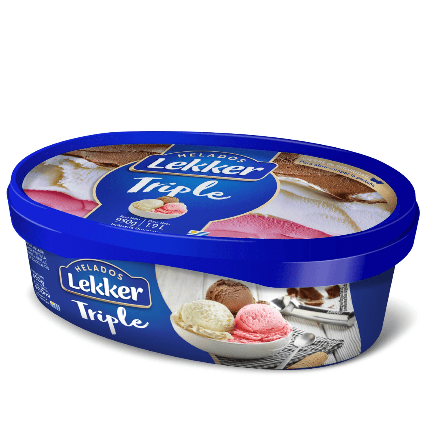 HELADO LEKKER TRIPLE FRUTILLA CREMA Y CHOCOLATE 900 ML.