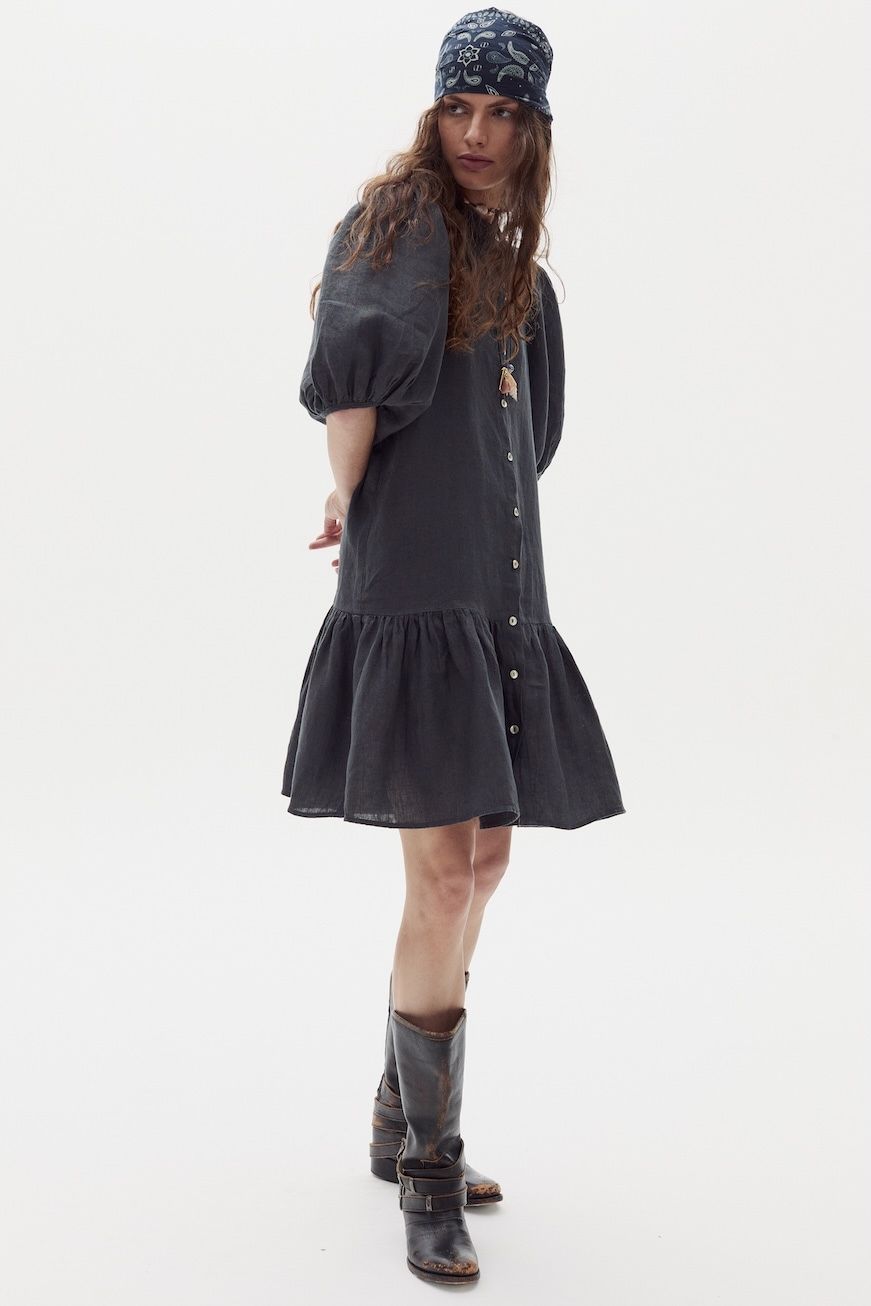 Vestido Carmela en Lino - Blue & Ochre Check