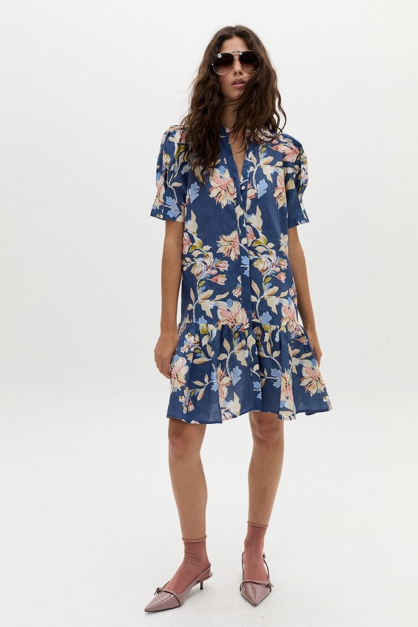 Vestido Corto Athina en Lino - Blue Poppy Print