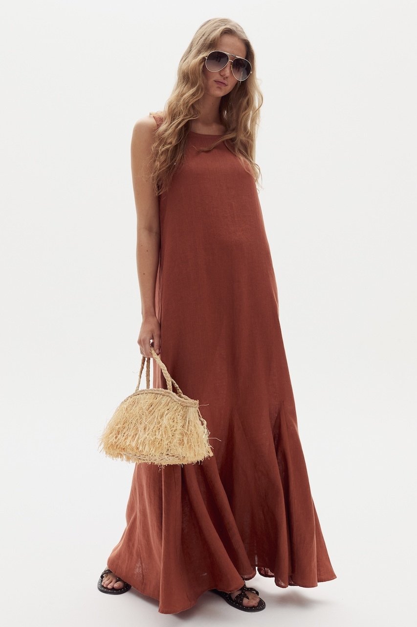 Vestido Largo Alfie en Lino - Hazelnut