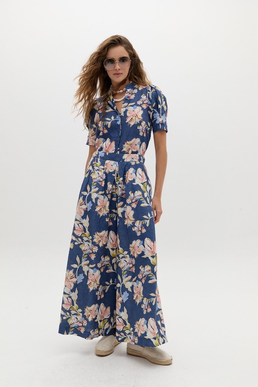 Pantalón Sabi Lino - Blue Poppy Print