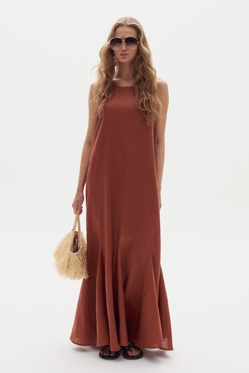 Vestido Largo Alfie en Lino - Hazelnut