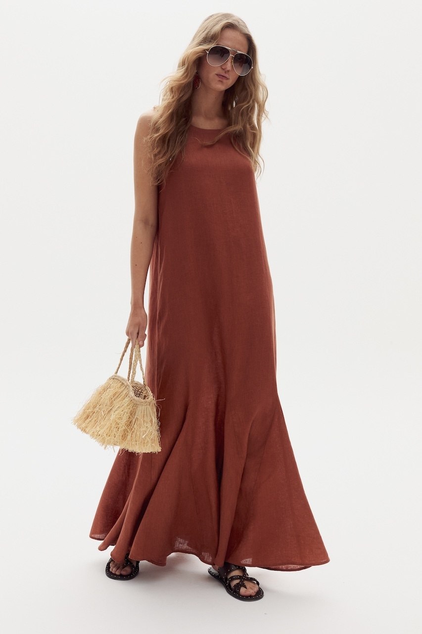 Vestido Largo Alfie en Lino - Hazelnut