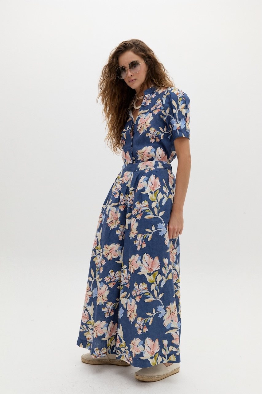 Pantalón Sabi Lino - Blue Poppy Print