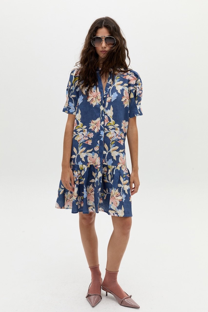 Vestido Corto Athina en Lino - Blue Poppy Print