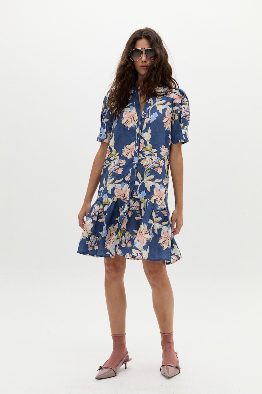 Vestido Corto Athina en Lino - Blue Poppy Print