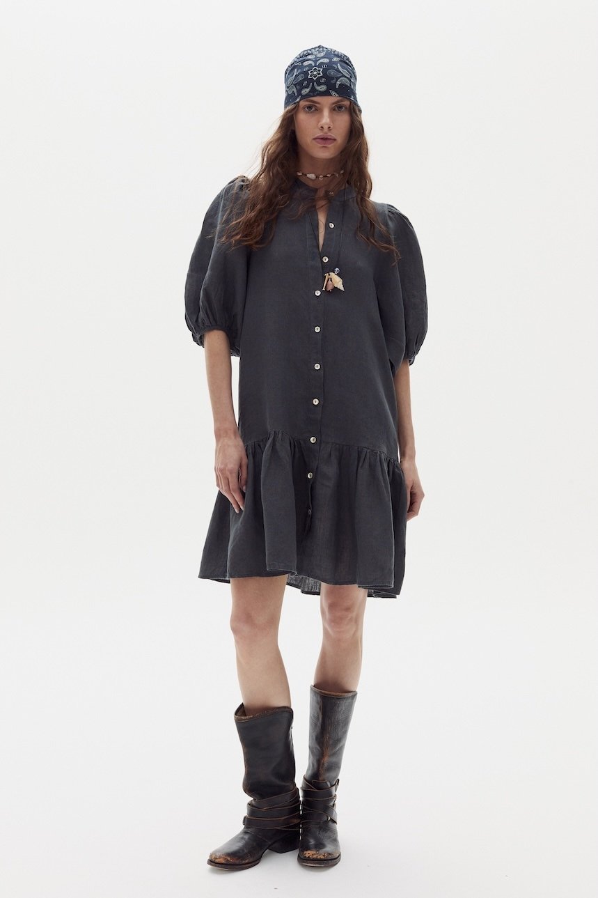 Vestido Carmela en Lino - Blue & Ochre Check