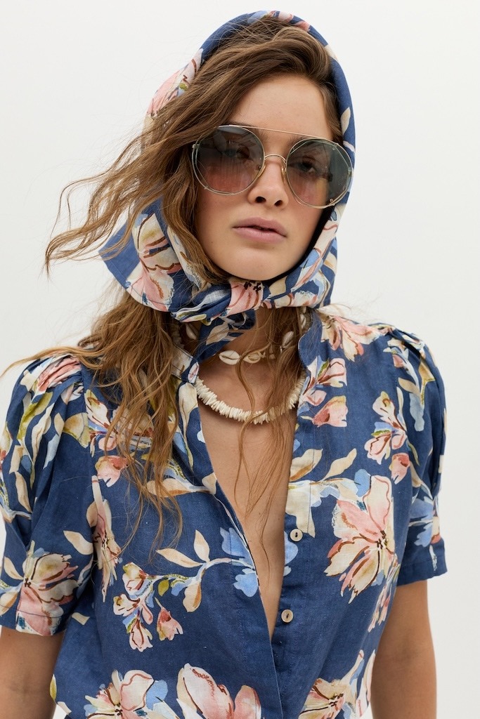 Camisa Athina en Lino - Blue Poppy Print