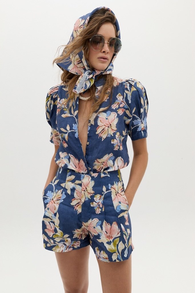 Camisa Athina en Lino - Blue Poppy Print