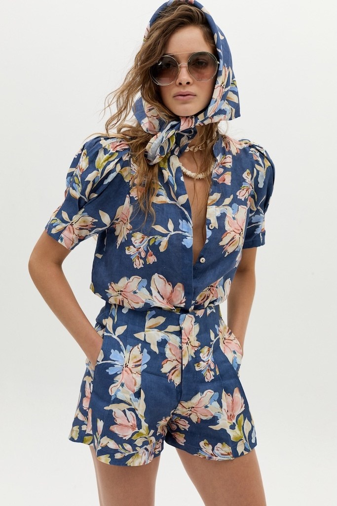 Camisa Athina en Lino - Blue Poppy Print