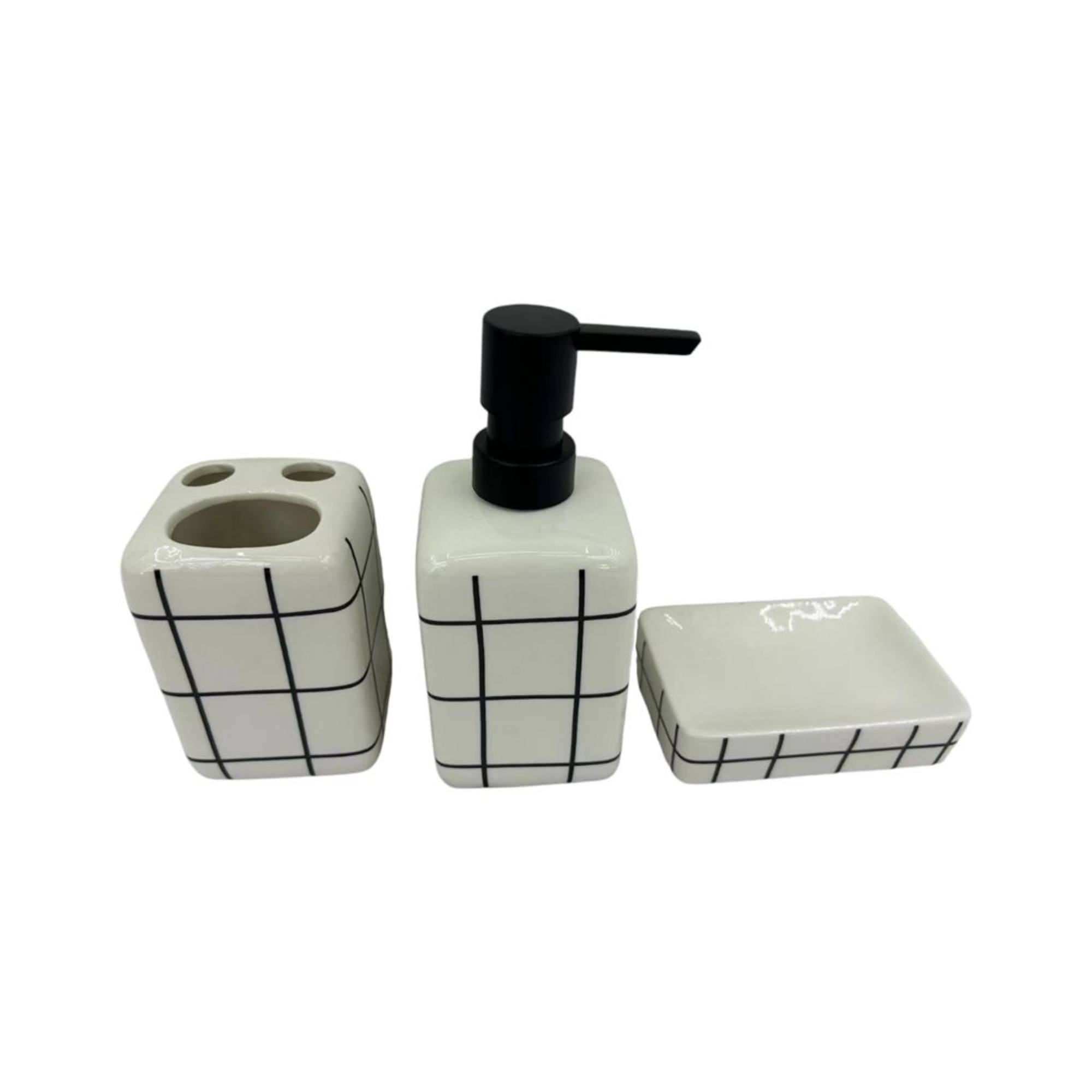 Set de baño 3 piezas cuadriculado blanco/negro