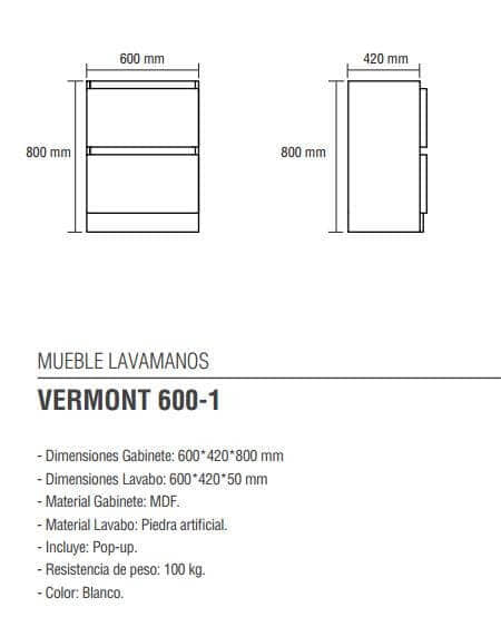 KLIPEN VERMONT GL 600 MATT WHITE MUEBLE PISO 60X42X80 C/BACHA Y VALV